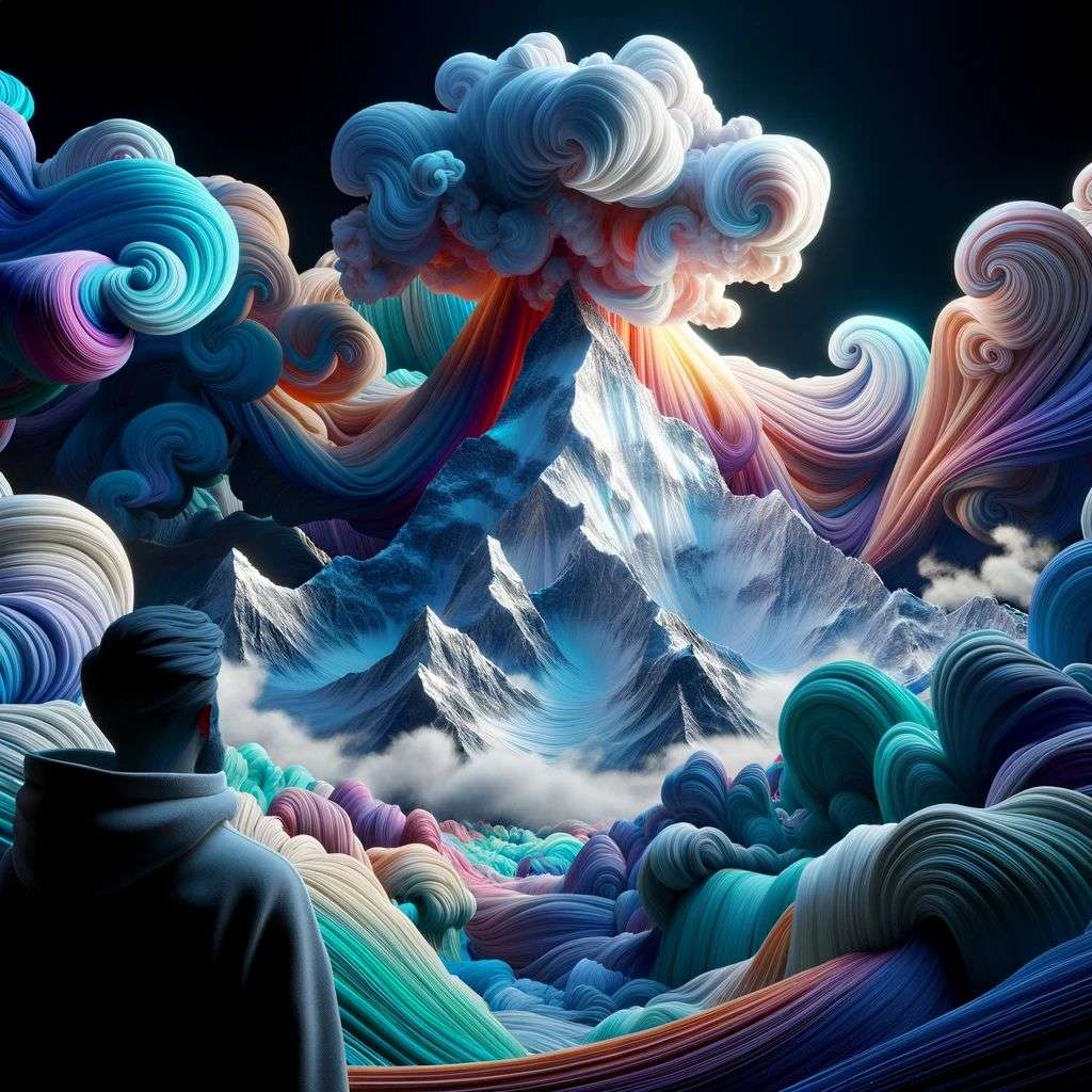someone gazing at Mount Everest made of very detailed curling wispy glowing multicolored smoke, digital art, volumetric, 3D render, Octane render